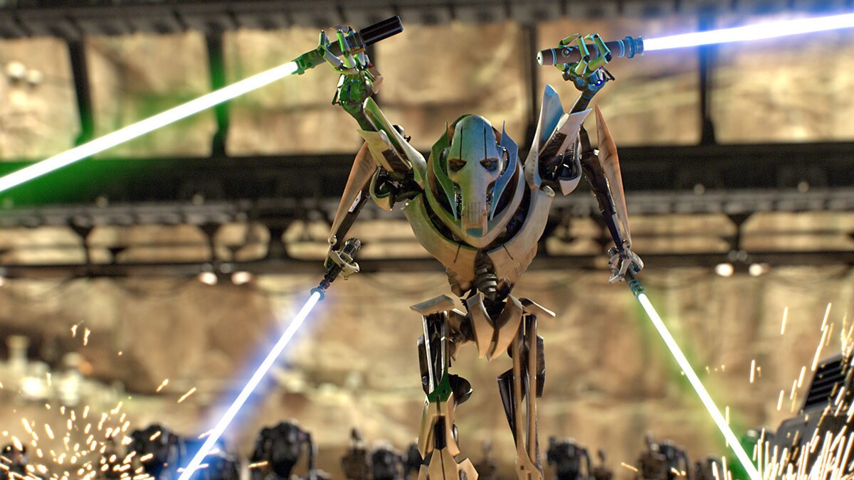 Un robot rappelant le Général Grievous de la Guerre des étoiles brandit quatre épées lumineuses vertes et bleues, dans un environnement industriel et métallique où des étincelles jaillissent.