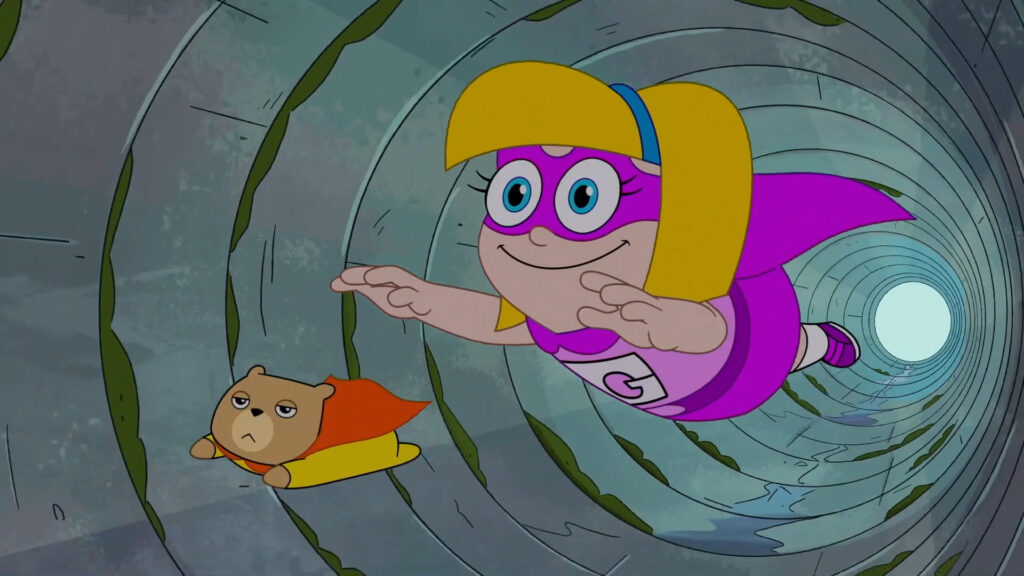 Une fille de dessin animé dans un costume de super-héros violet et un hamster volant dans une cape rouge s'envolent à travers un tunnel gris dans cette scène passionnante de Hamster & Gretel Saison 2 sur Disney+.