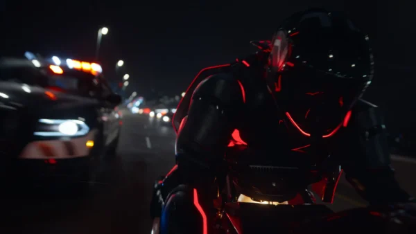 Une personne vêtue d'une combinaison noire futuriste avec des lumières rouges conduit une moto la nuit, poursuivie par une voiture de police dans une rue de la ville - évoquant les scènes de poursuite high-tech vues dans Tron : Ares de Disney avant sa date de sortie.