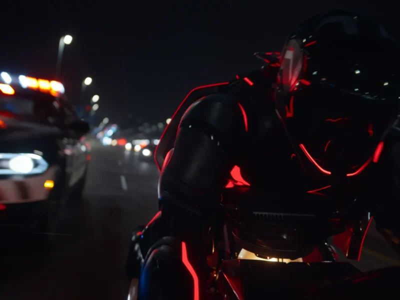 Une personne vêtue d'une combinaison noire futuriste avec des lumières rouges conduit une moto la nuit, poursuivie par une voiture de police dans une rue de la ville - évoquant les scènes de poursuite high-tech vues dans Tron : Ares de Disney avant sa date de sortie.