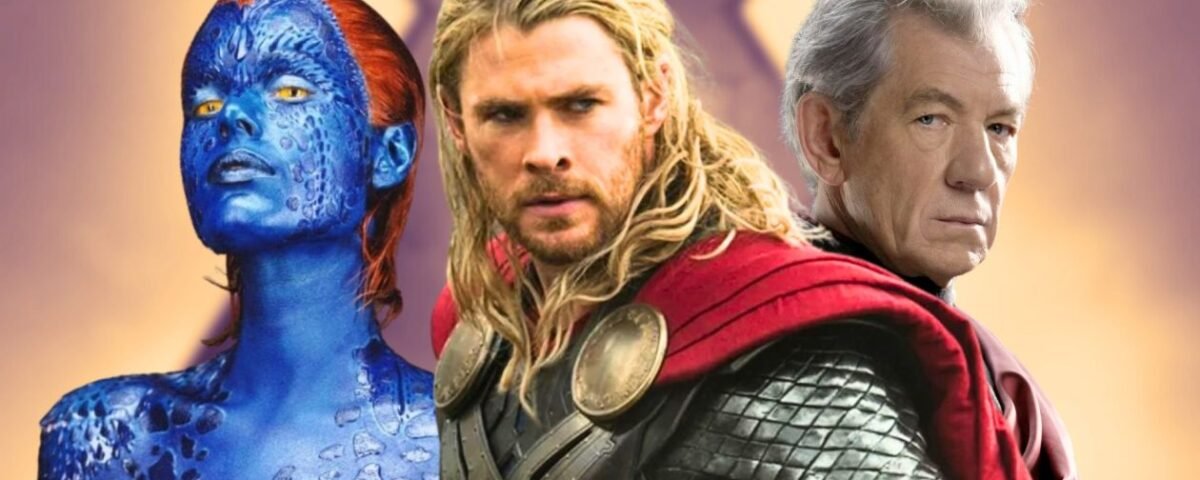 Trois légendes du MCU - Mystique à la peau bleue, Thor en armure et cape rouge, et Magneto aux cheveux blancs - se tiennent ensemble devant un arrière-plan flou, prêtes pour le prochain choc d'Avengers Doomsday.
