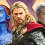 Trois légendes du MCU - Mystique à la peau bleue, Thor en armure et cape rouge, et Magneto aux cheveux blancs - se tiennent ensemble devant un arrière-plan flou, prêtes pour le prochain choc d'Avengers Doomsday.