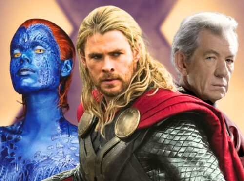 Trois légendes du MCU - Mystique à la peau bleue, Thor en armure et cape rouge, et Magneto aux cheveux blancs - se tiennent ensemble devant un arrière-plan flou, prêtes pour le prochain choc d'Avengers Doomsday.