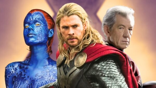 Trois légendes du MCU - Mystique à la peau bleue, Thor en armure et cape rouge, et Magneto aux cheveux blancs - se tiennent ensemble devant un arrière-plan flou, prêtes pour le prochain choc d'Avengers Doomsday.