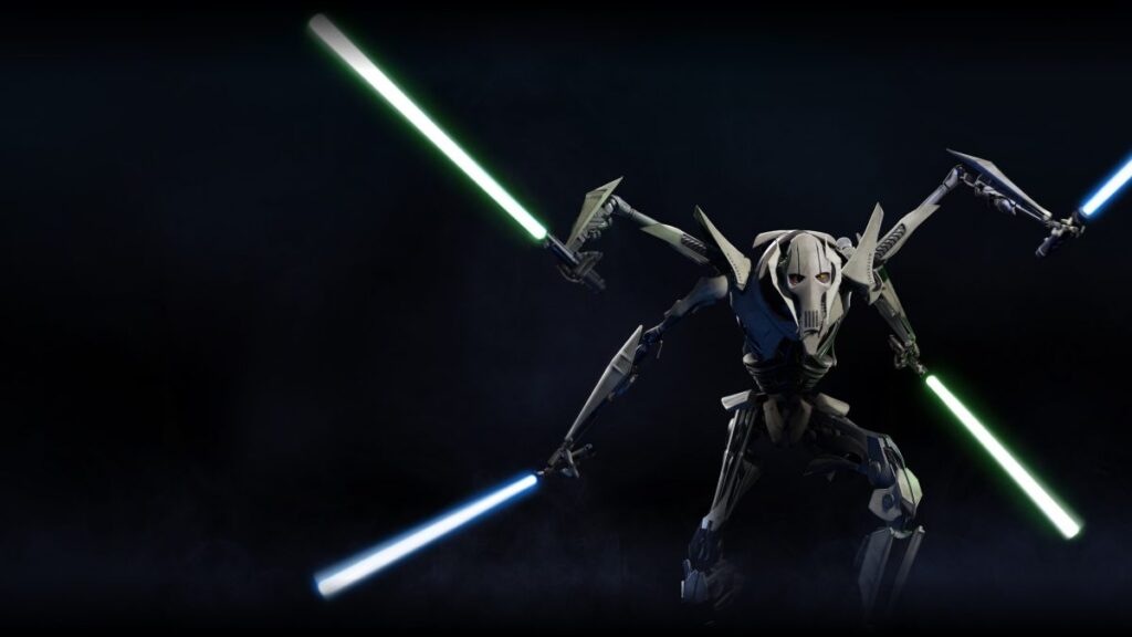 Une figure robotique ressemblant au général Grievous brandit quatre sabres laser - deux verts et deux bleus - sur un fond sombre et enfumé, évoquant l'énergie intense de l'ère de la préquelle de Star Wars.