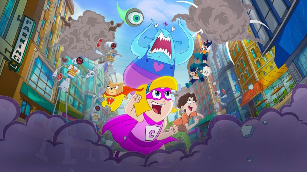 Des super-héros et des animaux animés s'élancent dans les rues d'une ville colorée tandis que des monstres et des robots sèment le chaos en arrière-plan. Cette série jeunesse Disney+ donne vie à l'excitation de Hamster & Gretel saison 2.
