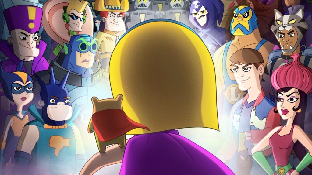 Un super-héros avec une cape et une figurine d'animal affronte deux groupes de personnages masqués colorés dans une confrontation dramatique, inspirée des scènes palpitantes de Hamster & Gretel Saison 2 sur Disney+.
