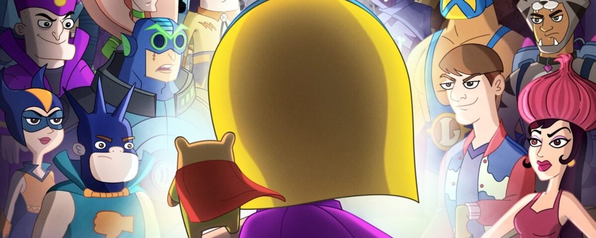 Un super-héros avec une cape et une figurine d'animal affronte deux groupes de personnages masqués colorés dans une confrontation dramatique, inspirée des scènes palpitantes de Hamster & Gretel Saison 2 sur Disney+.