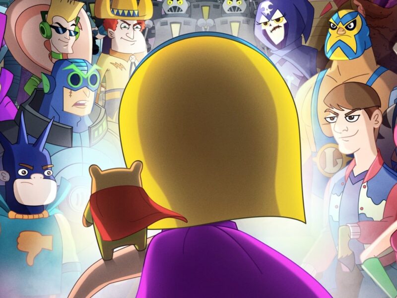 Un super-héros avec une cape et une figurine d'animal affronte deux groupes de personnages masqués colorés dans une confrontation dramatique, inspirée des scènes palpitantes de Hamster & Gretel Saison 2 sur Disney+.