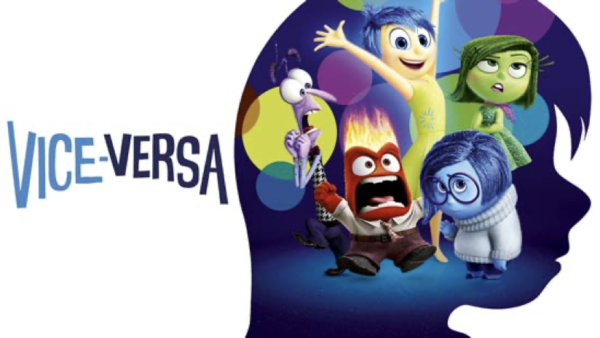 Illustration de cinq personnages animés colorés à l'intérieur de la silhouette d'une tête, avec le texte "Vice-Versa" sur la gauche, capturant l'esprit ludique des émotions vice-versa.