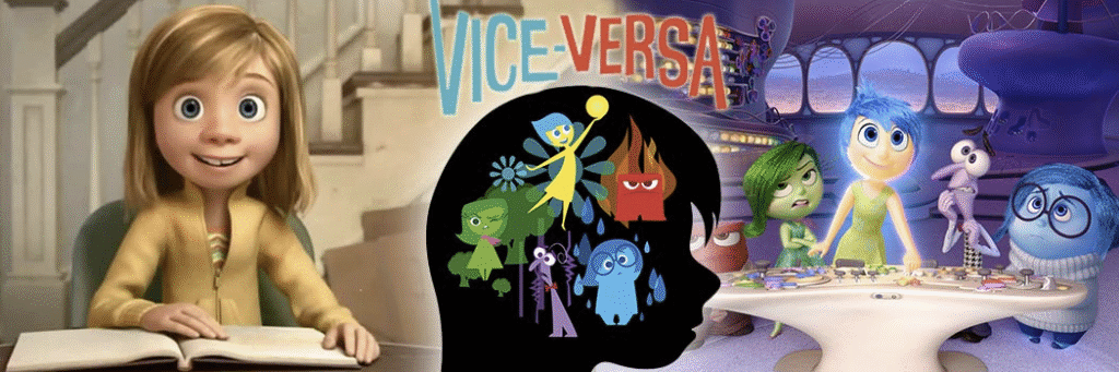 Scène animée de "Inside Out" montrant Riley souriant alors que ses cinq émotions interagissent sur le panneau de contrôle, et vice-versa, les actions de Riley affectant ses émotions à l'intérieur de son esprit.
