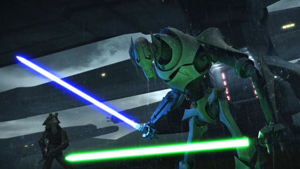 Un cyborg animé rappelant le Général Grievous brandit deux sabres laser sous la pluie, affrontant une silhouette masquée dans un décor futuriste inspiré de la Guerre des étoiles.