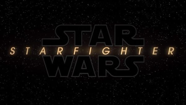 Les mots "Star Wars Starfighter" apparaissent en gras et se chevauchent sur un fond noir parsemé de petites étoiles blanches, évoquant l'univers légendaire de Star Wars.