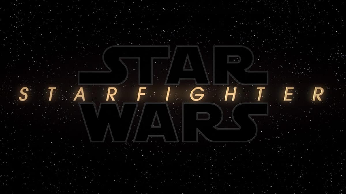 Les mots "Star Wars Starfighter" apparaissent en gras et se chevauchent sur un fond noir parsemé de petites étoiles blanches, évoquant l'univers légendaire de Star Wars.