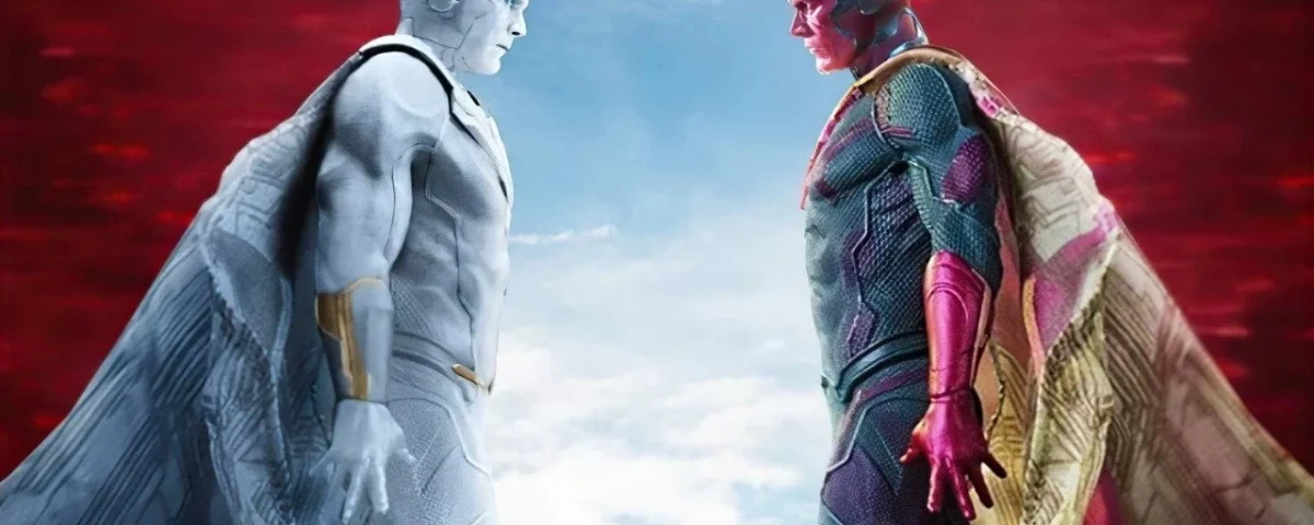 Deux personnages humanoïdes, l'un blanc et l'autre rouge avec des accents bleus, portant des capes, se font face dans un ciel nuageux sur fond rouge, comme s'ils se rencontraient dans le cadre d'une quête de vision.