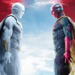 Deux personnages humanoïdes, l'un blanc et l'autre rouge avec des accents bleus, portant des capes, se font face dans un ciel nuageux sur fond rouge, comme s'ils se rencontraient dans le cadre d'une quête de vision.