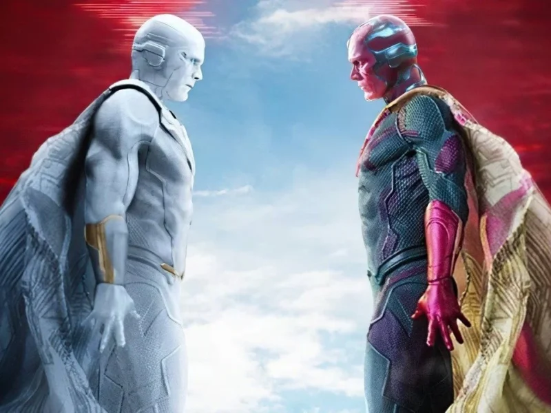 Deux personnages humanoïdes, l'un blanc et l'autre rouge avec des accents bleus, portant des capes, se font face dans un ciel nuageux sur fond rouge, comme s'ils se rencontraient dans le cadre d'une quête de vision.