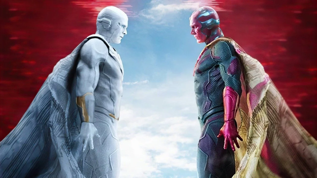 Deux personnages humanoïdes, l'un blanc et l'autre rouge avec des accents bleus, portant des capes, se font face dans un ciel nuageux sur fond rouge, comme s'ils se rencontraient dans le cadre d'une quête de vision.