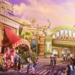 Une scène de rue animée dans une zone colorée du Royaume des animaux avec des bâtiments sur le thème des animaux, des personnages costumés et des familles profitant du spectacle près de la "Zootopie Central Station".