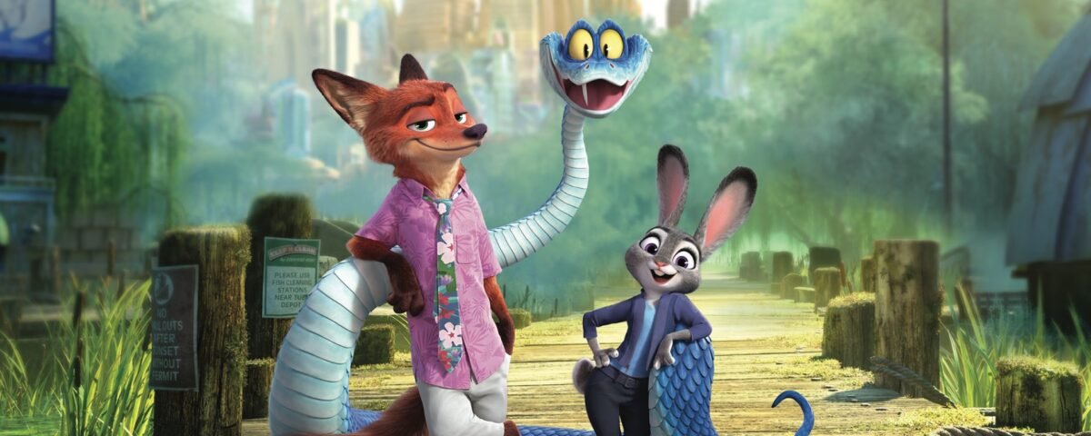 Un renard, un lapin et un serpent bleu de dessin animé se tiennent ensemble sur un quai en bois dans un décor urbain animé et vibrant - un véritable spectacle qui rappelle le Royaume des animaux animé de Zootopie.