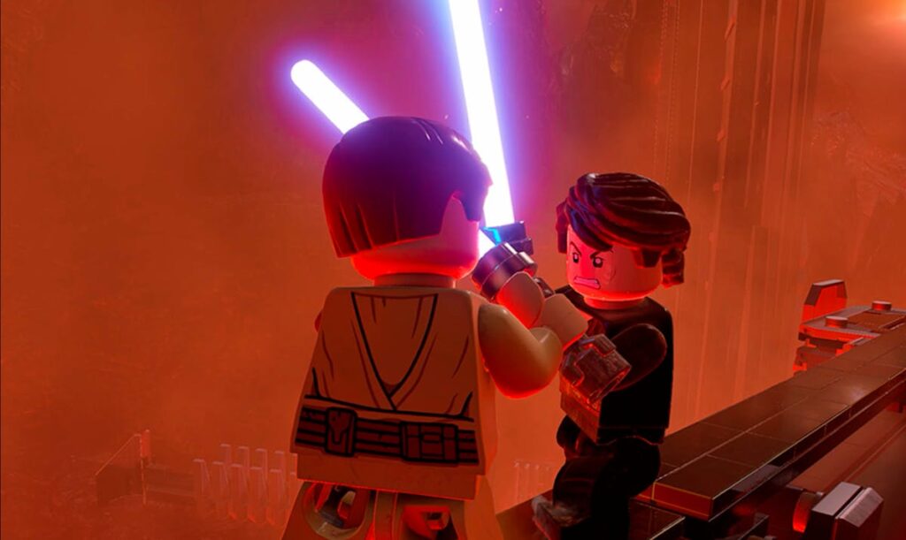 Deux personnages LEGO armés de sabres laser s'affrontent sur une plateforme entourée d'un environnement enflammé et en fusion inspiré de Lego Star Wars : Saga Skywalker.