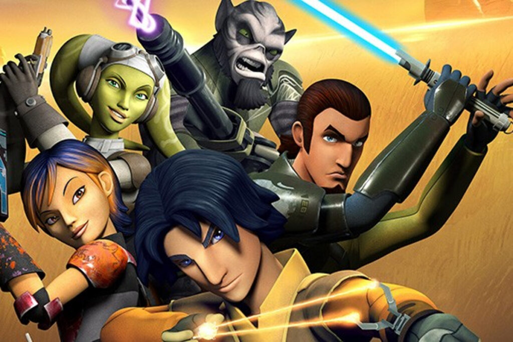 Cinq personnages de la série animée Star Wars Rebels posent avec des armes, notamment des sabres laser et des blasters, sur un fond lumineux dans l'univers Star Wars.