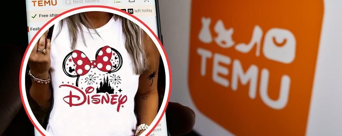Un téléphone affiche l'application de shopping Temu avec un débardeur à l'effigie de Disney, suggérant une possible contrefaçon ; le logo Temu est visible à l'arrière-plan.