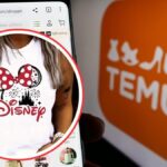 Un téléphone affiche l'application de shopping Temu avec un débardeur à l'effigie de Disney, suggérant une possible contrefaçon ; le logo Temu est visible à l'arrière-plan.