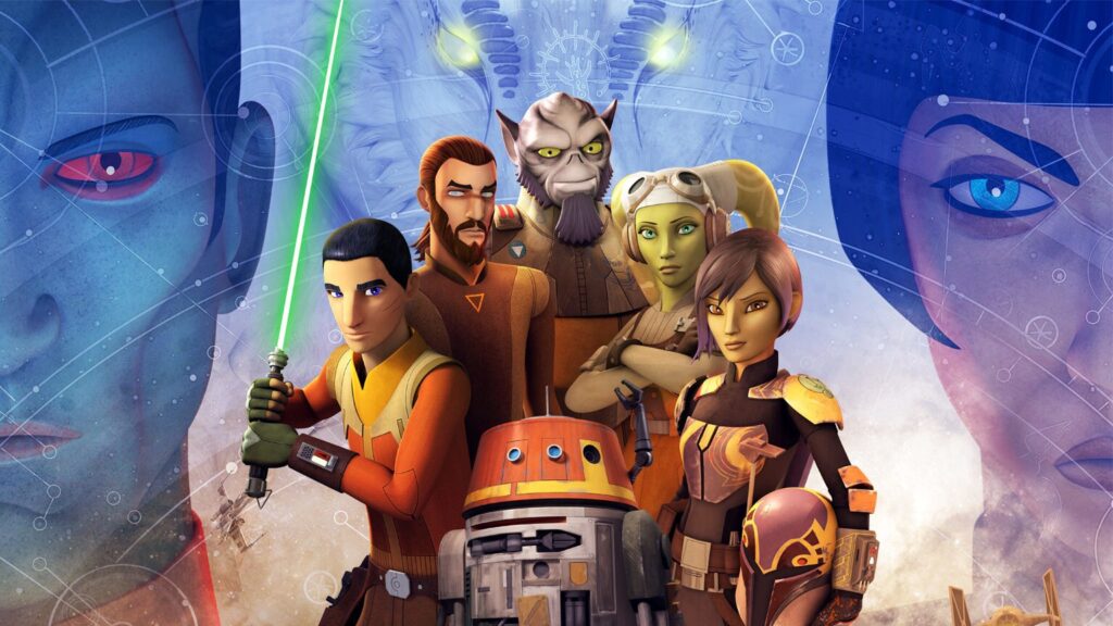 Un groupe de personnages animés de Star Wars Rebels, avec des tenues colorées et un droïde, se tient devant des visages abstraits et des motifs mystiques, capturant l'esprit d'aventure de la série animée.