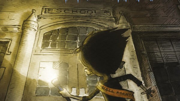 Un enfant muni d'une lampe de poche se tient devant un bâtiment scolaire sombre et sinistre, dont l'horloge brille au-dessus des mots "L'École de la Trouille" - une scène tout droit sortie d'une saga littéraire jeunesse digne de Disney Channel.