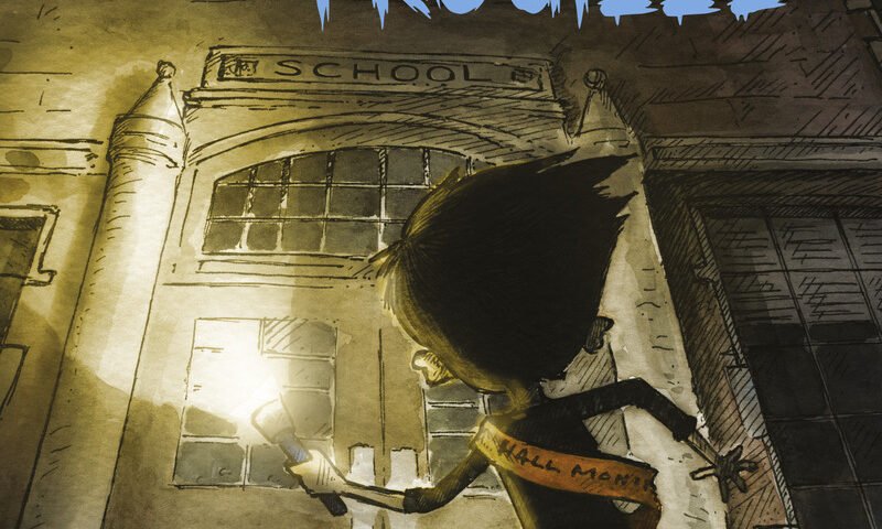 Un enfant muni d'une lampe de poche se tient devant un bâtiment scolaire sombre et sinistre, dont l'horloge brille au-dessus des mots "L'École de la Trouille" - une scène tout droit sortie d'une saga littéraire jeunesse digne de Disney Channel.