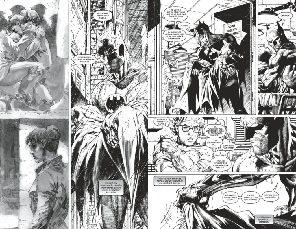 Une page de bande dessinée en noir et blanc montre Batman en train d'interagir avec d'autres personnes, notamment lors d'une confrontation et d'une discussion, avec des ombres dramatiques et des dessins au trait détaillés qui rappellent les récits dynamiques de Webtoons.