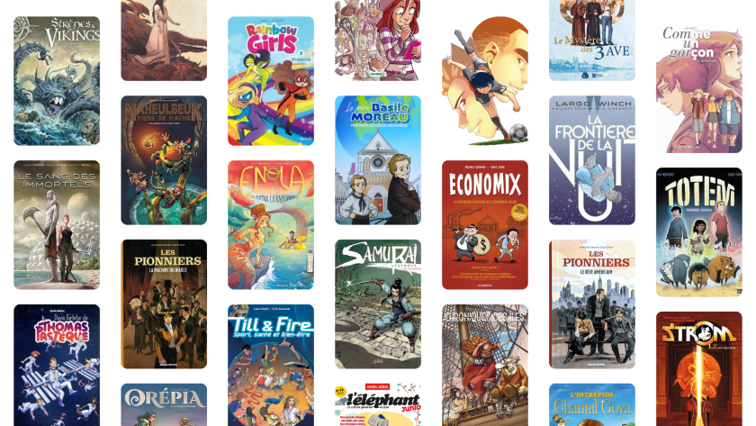 Collage de diverses couvertures de bandes dessinées et de romans graphiques en français, y compris des titres de Marvel et de Webtoon, disposées en rangées et en colonnes, avec des illustrations diverses et des dessins colorés.