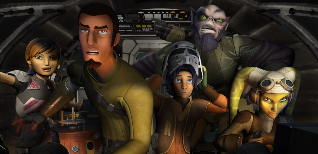 Cinq personnages animés dans le cockpit d'un vaisseau spatial regardent vers l'avant avec des expressions alertes, prêts à passer à l'action. Les commandes et les écrans détaillés évoquent l'esprit d'aventure de Star Wars Rebels, la série animée bien-aimée de l'univers Star Wars.