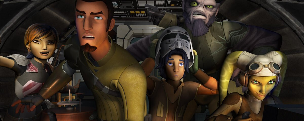 Cinq personnages animés dans le cockpit d'un vaisseau spatial regardent vers l'avant avec des expressions alertes, prêts à passer à l'action. Les commandes et les écrans détaillés évoquent l'esprit d'aventure de Star Wars Rebels, la série animée bien-aimée de l'univers Star Wars.