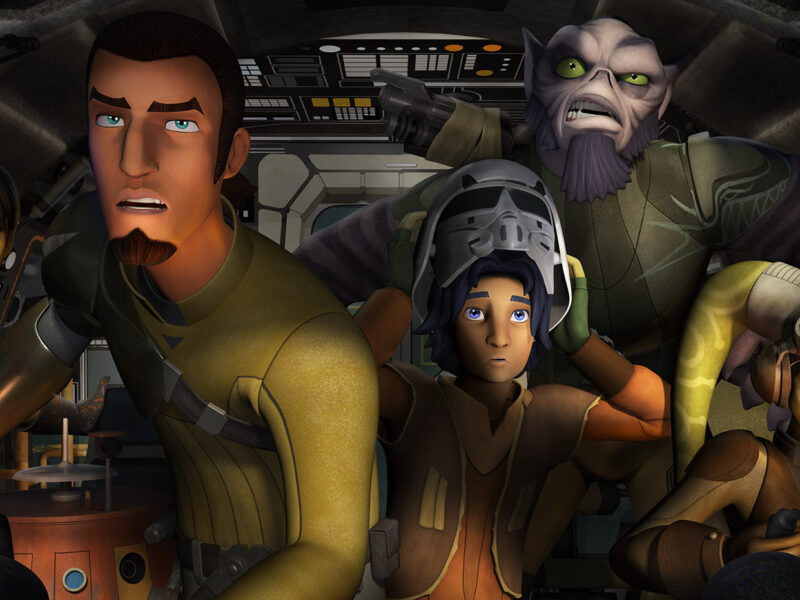 Cinq personnages animés dans le cockpit d'un vaisseau spatial regardent vers l'avant avec des expressions alertes, prêts à passer à l'action. Les commandes et les écrans détaillés évoquent l'esprit d'aventure de Star Wars Rebels, la série animée bien-aimée de l'univers Star Wars.