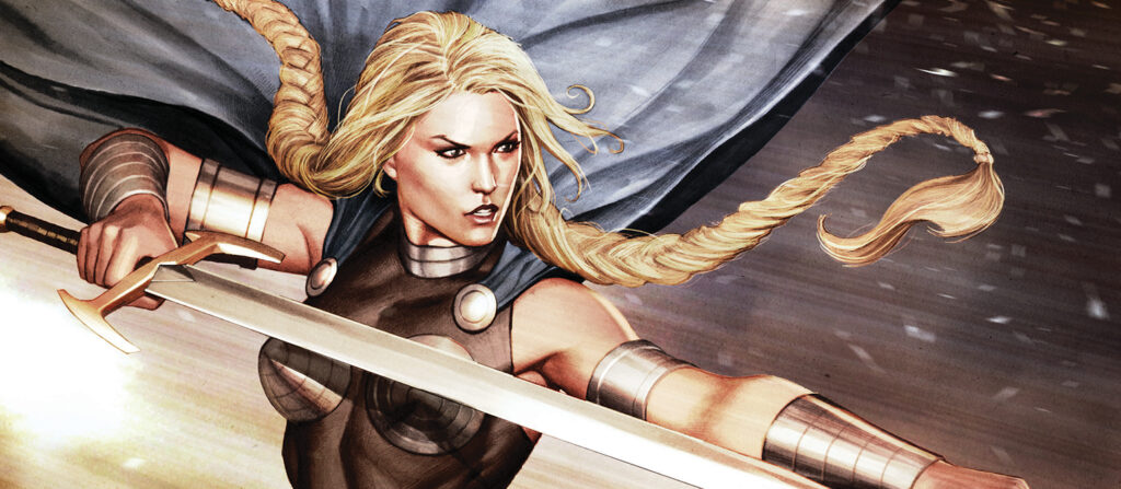Une guerrière blonde en armure avec une cape fluide tient une grande épée, son expression est intense et concentrée alors qu'elle s'apprête à frapper - un personnage puissant qui rappelle Valkyrie Marvel.