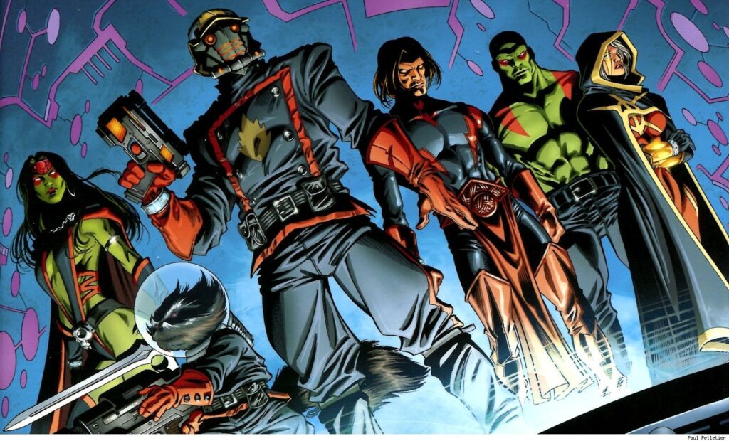 Un groupe de cinq super-héros Ravageurs Marvel se tient ensemble dans des poses dramatiques, avec des costumes vibrants et un arrière-plan futuriste, évoquant l'énergie d'un groupe légendaire de mercenaires.