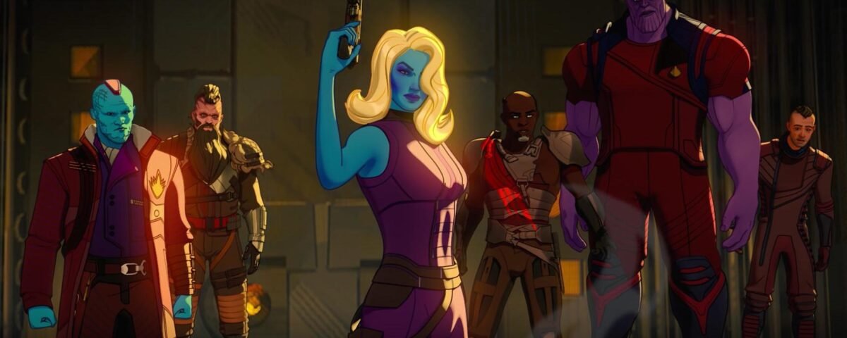 Une scène animée montre un groupe de mercenaires en tenue futuriste, dont une femme à la peau bleue tenant un pistolet et un grand personnage à la peau violette, dans un environnement de science-fiction.