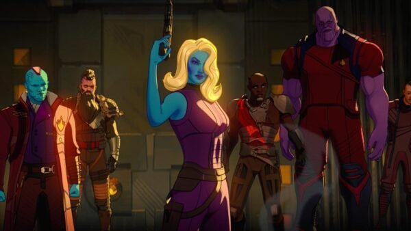 Une scène animée montre un groupe de mercenaires en tenue futuriste, dont une femme à la peau bleue tenant un pistolet et un grand personnage à la peau violette, dans un environnement de science-fiction.