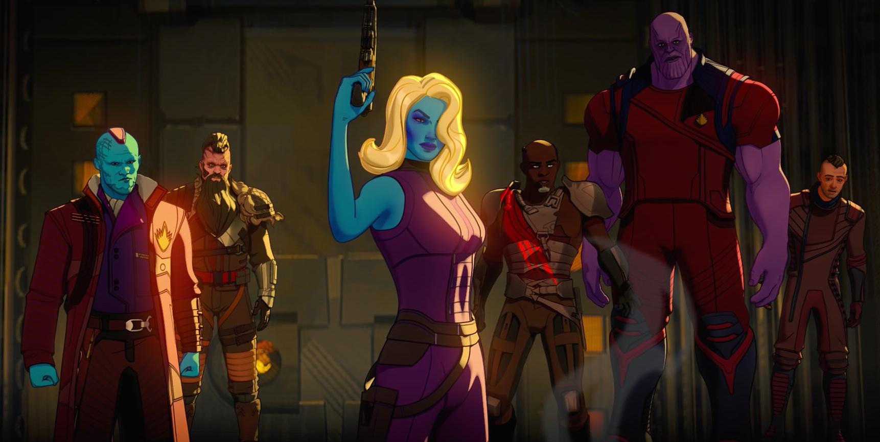 Une scène animée montre un groupe de mercenaires en tenue futuriste, dont une femme à la peau bleue tenant un pistolet et un grand personnage à la peau violette, dans un environnement de science-fiction.