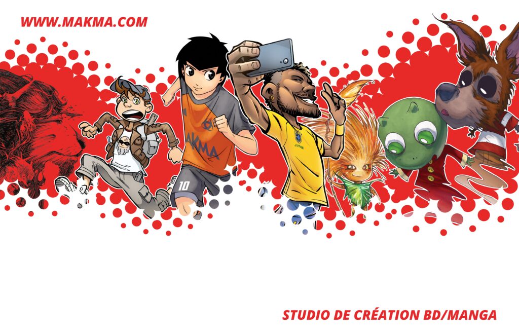 Un groupe de personnages illustrés, humains et animaux, dont certains ont un air de Disney ou de Webtoons, sont présentés sur un fond blanc avec des points rouges. Le site web "www.makma.com" et le texte du studio apparaissent en rouge.