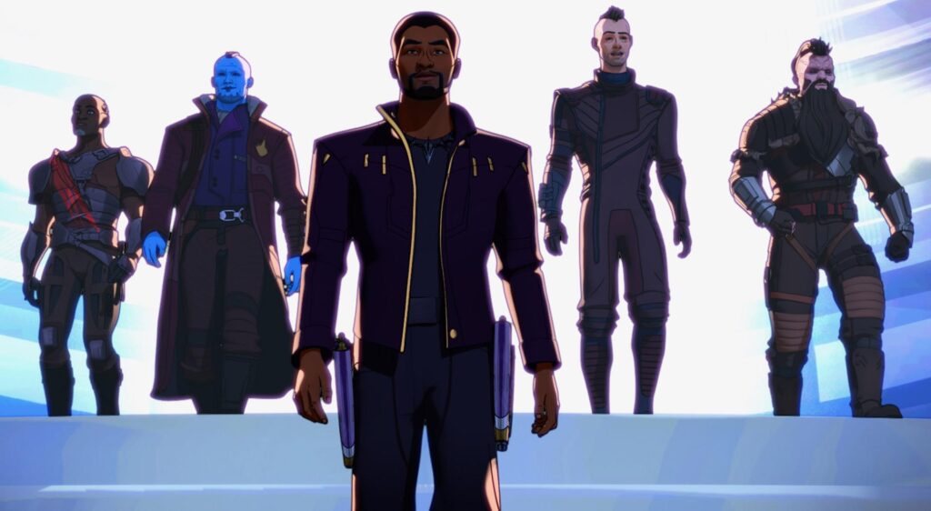 Des personnages animés se tiennent en rang, un personnage au premier plan portant une veste sombre et trois autres - rappelant les Gardiens ou un groupe de mercenaires - derrière lui, sur un fond lumineux.
