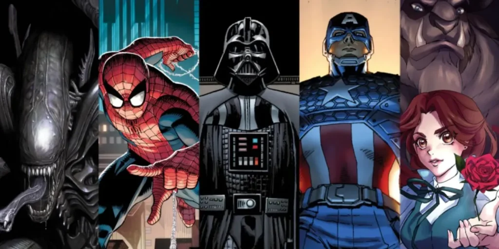 Makma. Une série de personnages fictifs illustrés de Disney et Marvel, dont Alien, Spider-Man, Dark Vador, Captain America, Beast et Belle, présentés côte à côte comme s'ils faisaient partie d'une vibrante série de webtoons.