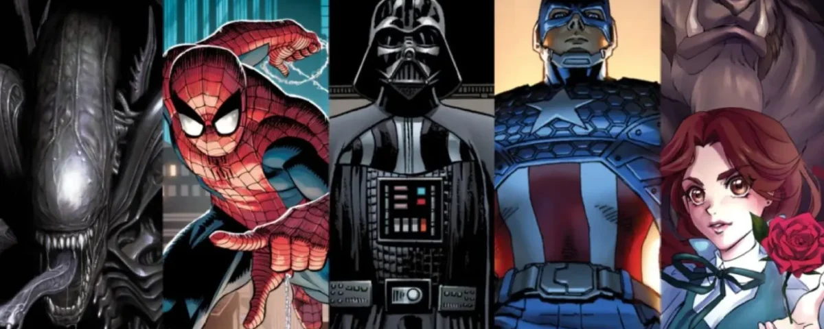 Une série de personnages fictifs illustrés de Disney et Marvel, dont Alien, Spider-Man, Dark Vador, Captain America, Beast et Belle, présentés côte à côte comme s'ils faisaient partie d'une vibrante série de webtoons.