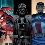Une série de personnages fictifs illustrés de Disney et Marvel, dont Alien, Spider-Man, Dark Vador, Captain America, Beast et Belle, présentés côte à côte comme s'ils faisaient partie d'une vibrante série de webtoons.