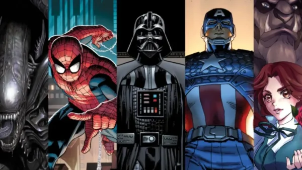 Une série de personnages fictifs illustrés de Disney et Marvel, dont Alien, Spider-Man, Dark Vador, Captain America, Beast et Belle, présentés côte à côte comme s'ils faisaient partie d'une vibrante série de webtoons.