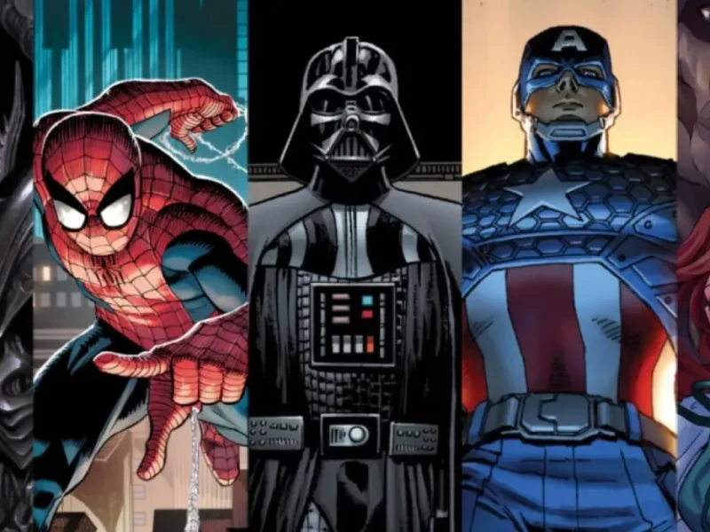 Une série de personnages fictifs illustrés de Disney et Marvel, dont Alien, Spider-Man, Dark Vador, Captain America, Beast et Belle, présentés côte à côte comme s'ils faisaient partie d'une vibrante série de webtoons.