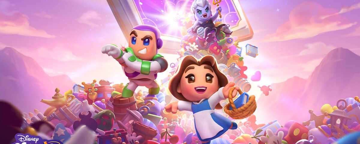 Les personnages animés Buzz l'éclair, Belle et Ursula apparaissent dans une scène fantaisiste d'Univers Disney Pixar remplie d'objets colorés, tandis qu'un livre magique brille en arrière-plan, vous invitant à une aventure dans un jeu de puzzle.