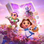 Les personnages animés Buzz l'éclair, Belle et Ursula apparaissent dans une scène fantaisiste d'Univers Disney Pixar remplie d'objets colorés, tandis qu'un livre magique brille en arrière-plan, vous invitant à une aventure dans un jeu de puzzle.